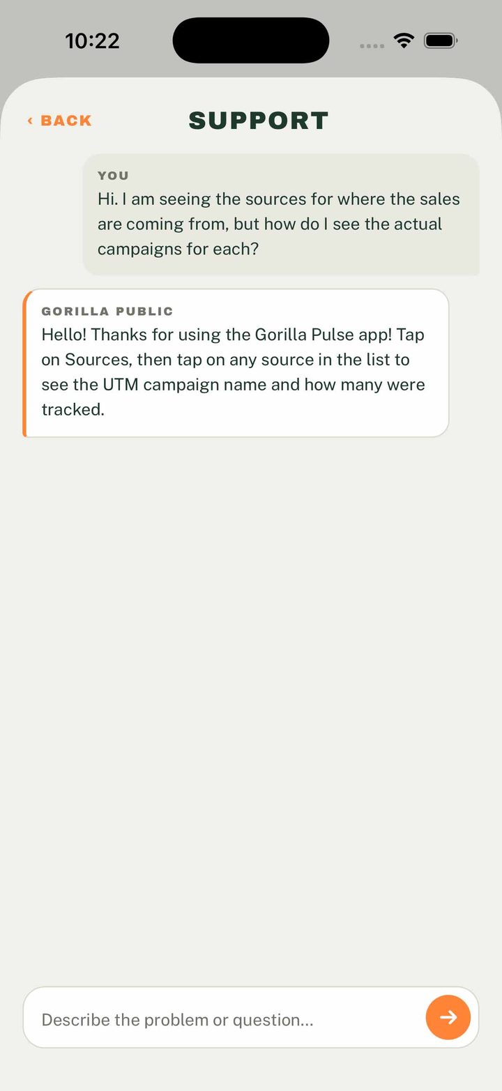 Gorilla Pulse app — Support screen